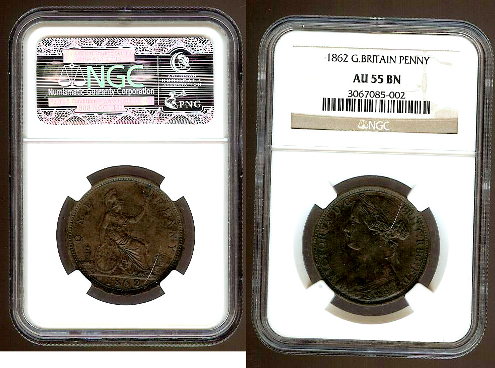 English penny 1862 NGC AU55